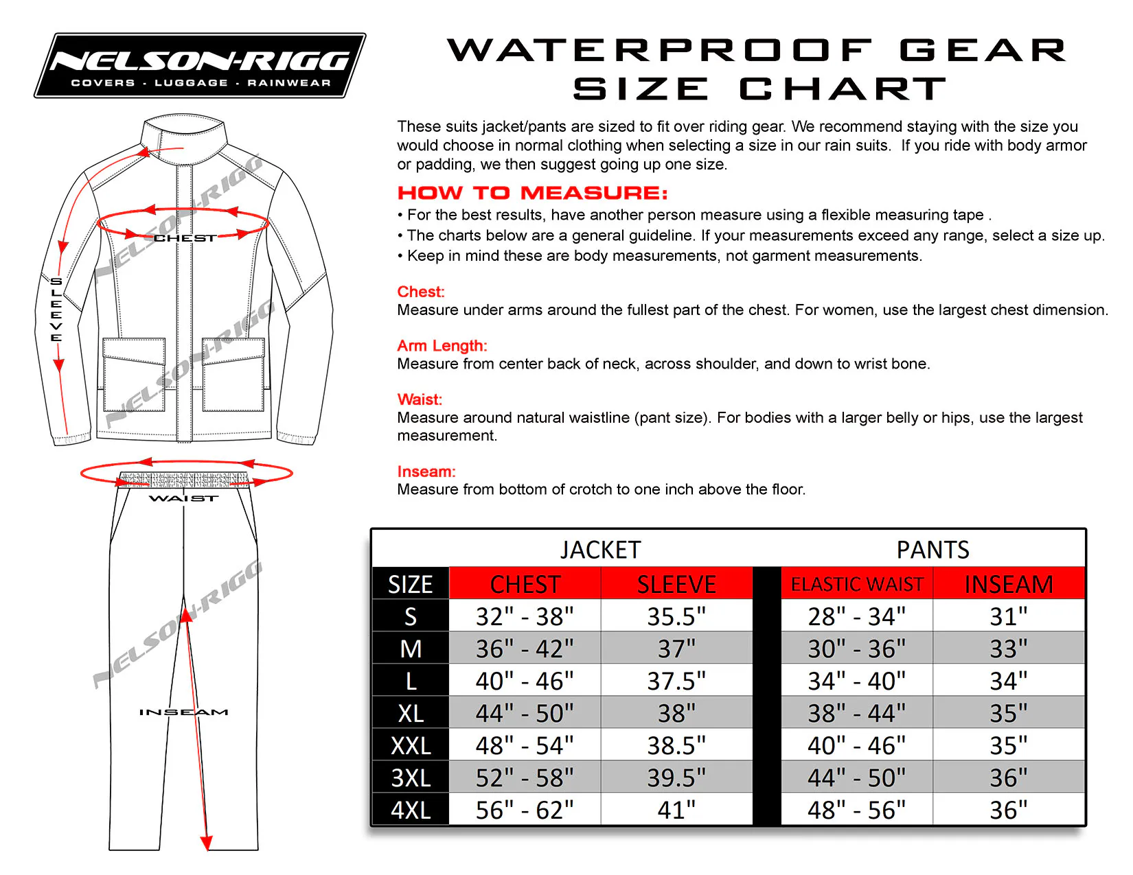 Guía de talla traje de lluevia de 2 piezas Nelson Rigg