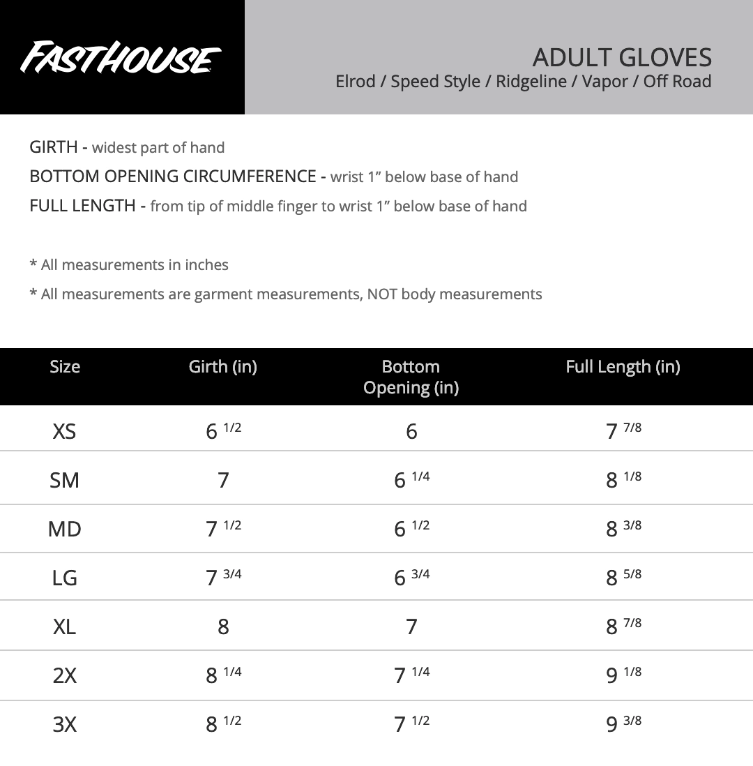 Guía de tallas guantes Fasthouse